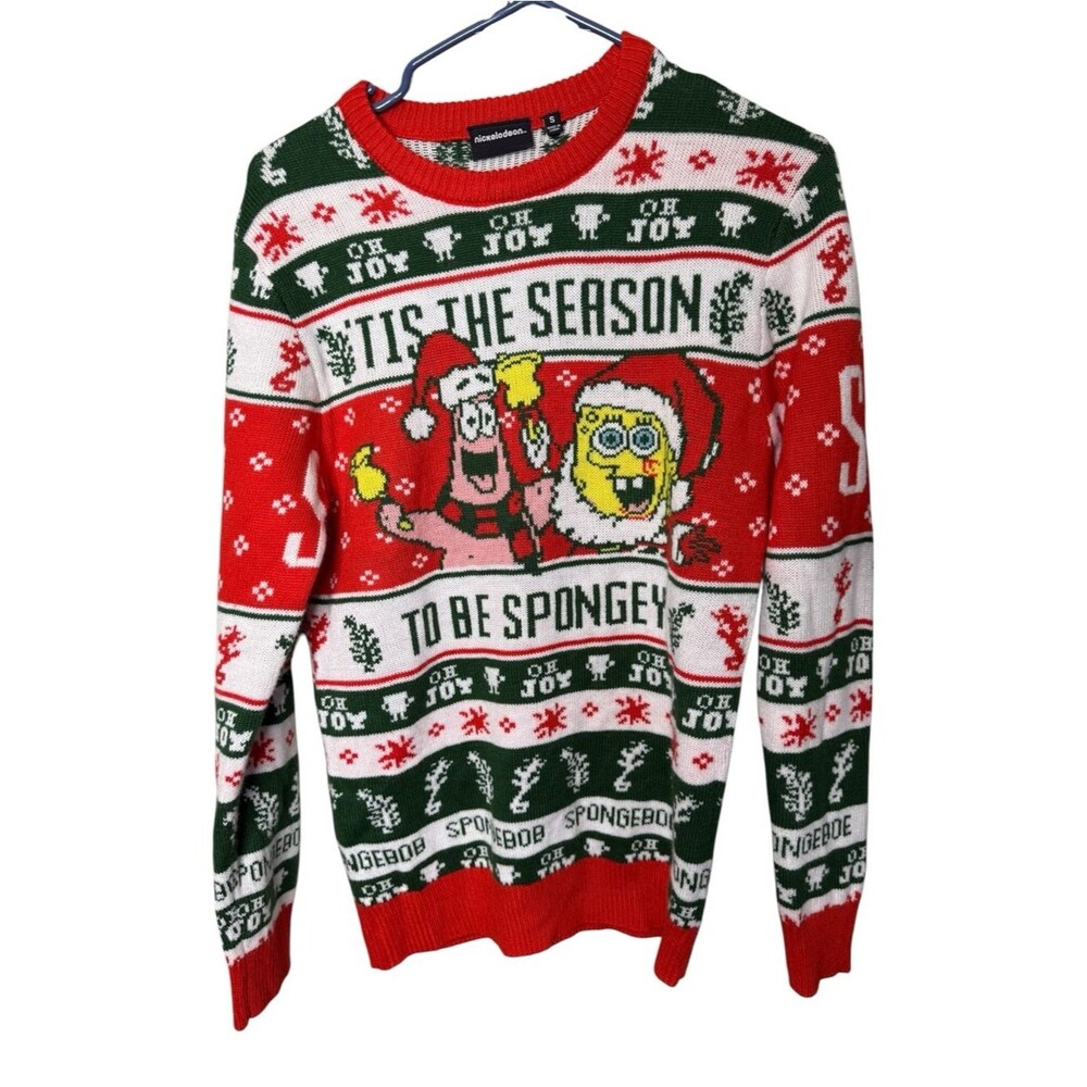 Nickelodeon SpongeBob Christmas Sweater S Red Green Tis The Season To Be Spongey
